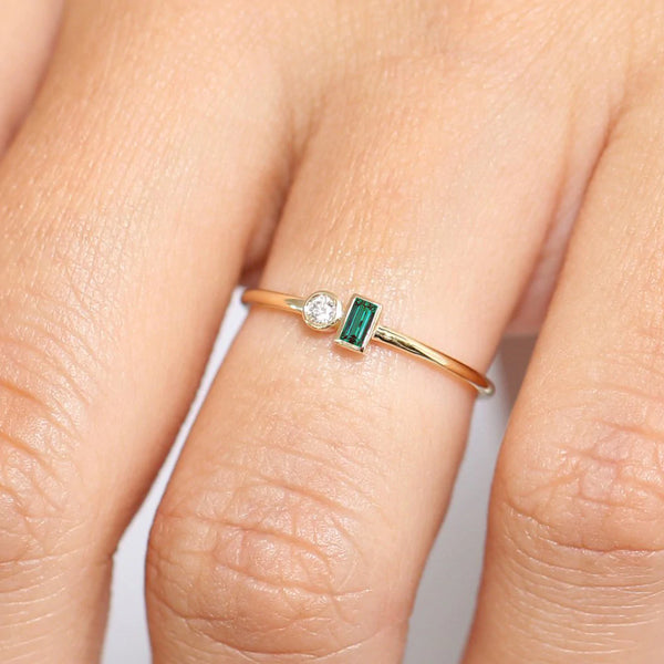 18K Solid Gold Baguette Emerald and Diamond Stackable Ring