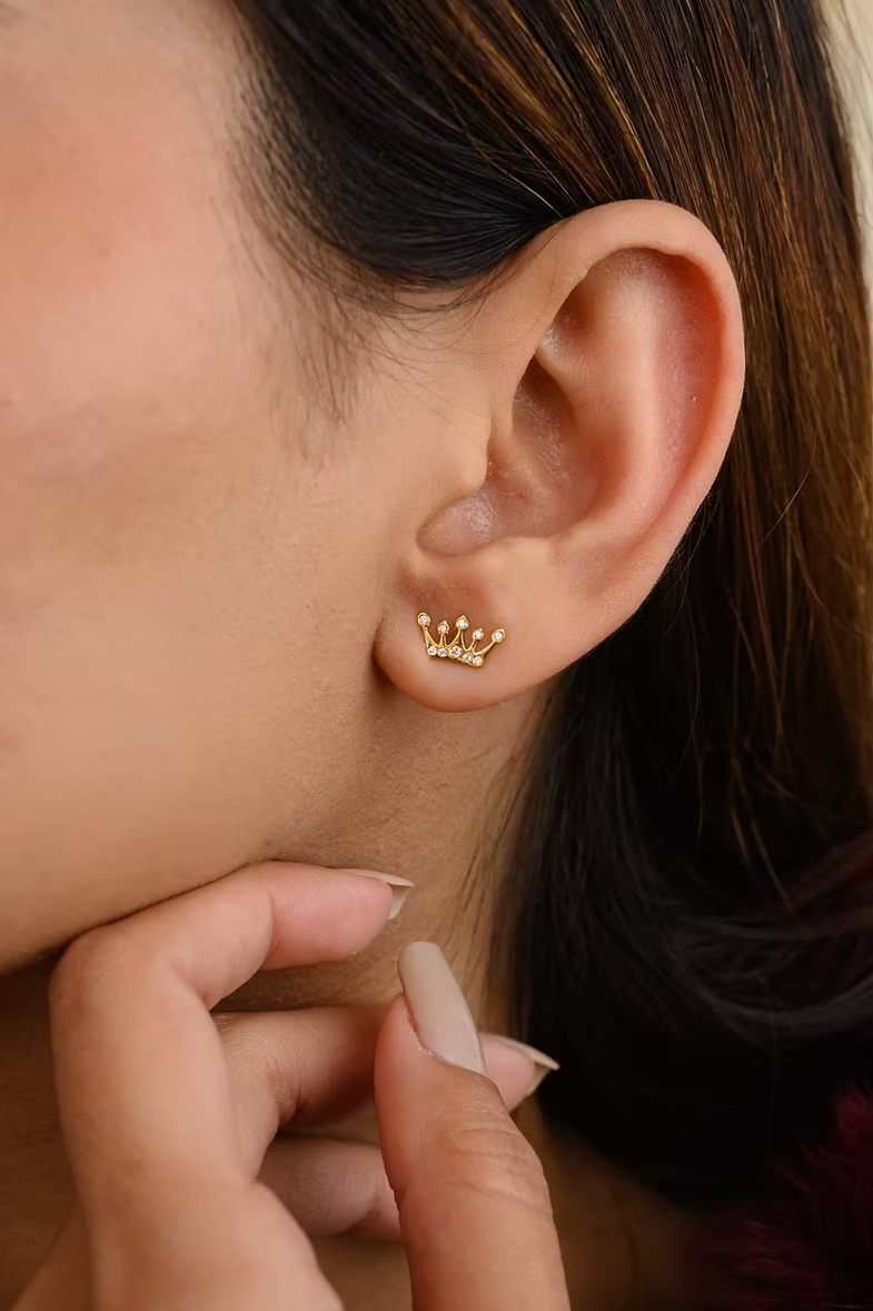 14K Solid Gold Natural Diamond Crown Stud Earrings