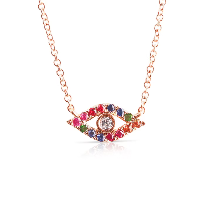 14K Solid Gold Diamond And Sapphire Rainbow Evil Eye Necklace