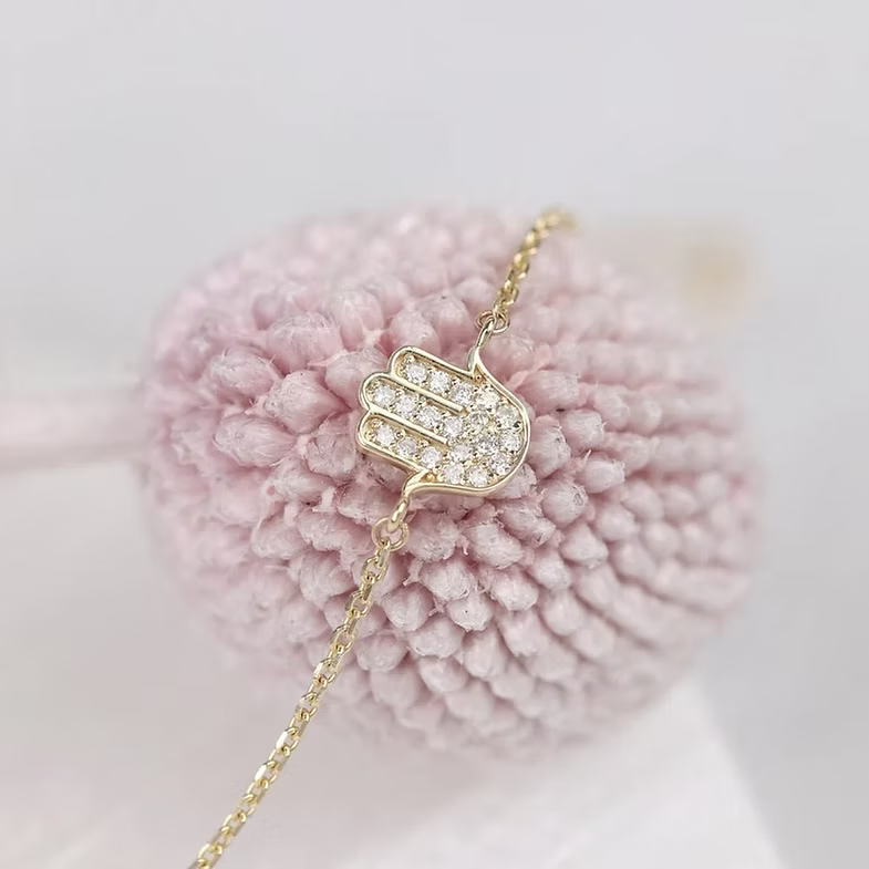14K Solid Gold Diamond Hamsa Bracelet