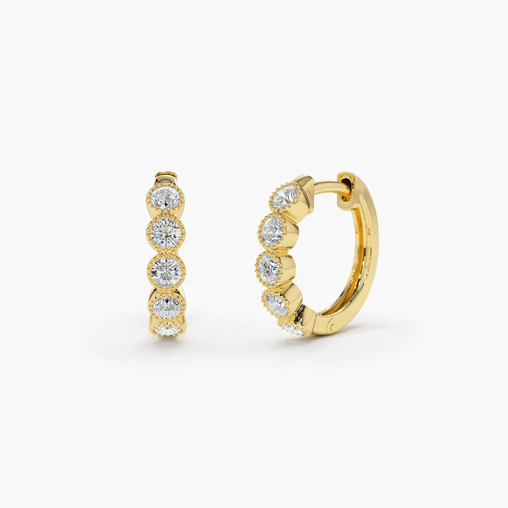 14K Solid Gold Bezel Setting Diamond Huggie Earrings