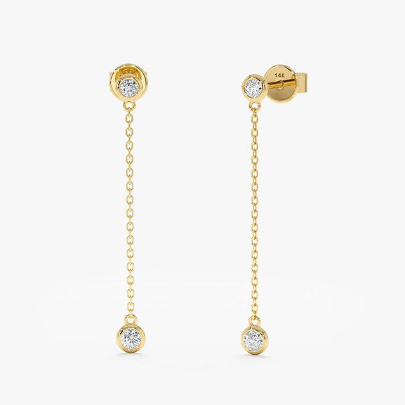 14K Solid Gold Long Diamond Drop Earrings