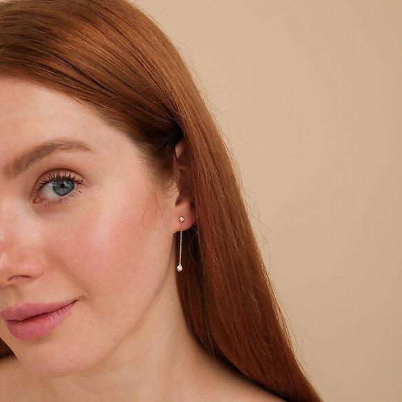 14K Solid Gold Long Diamond Drop Earrings