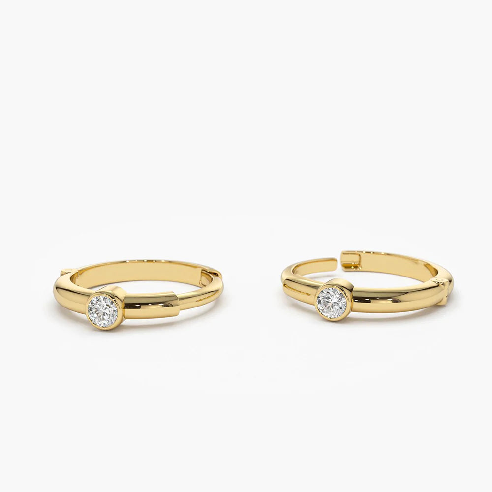 14K Solid Gold Single Bezel Set Diamond Hoops