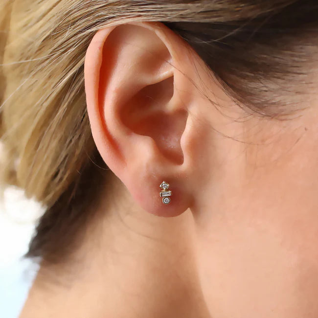 14K Solid Gold Baguette and Round Cut Mix Diamond Earrings