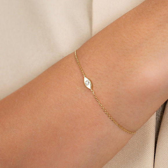 14K Solid Gold Single Diamond Evil Eye Bracelet