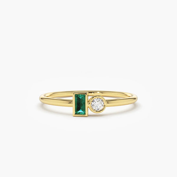 18K Solid Gold Baguette Emerald and Diamond Stackable Ring