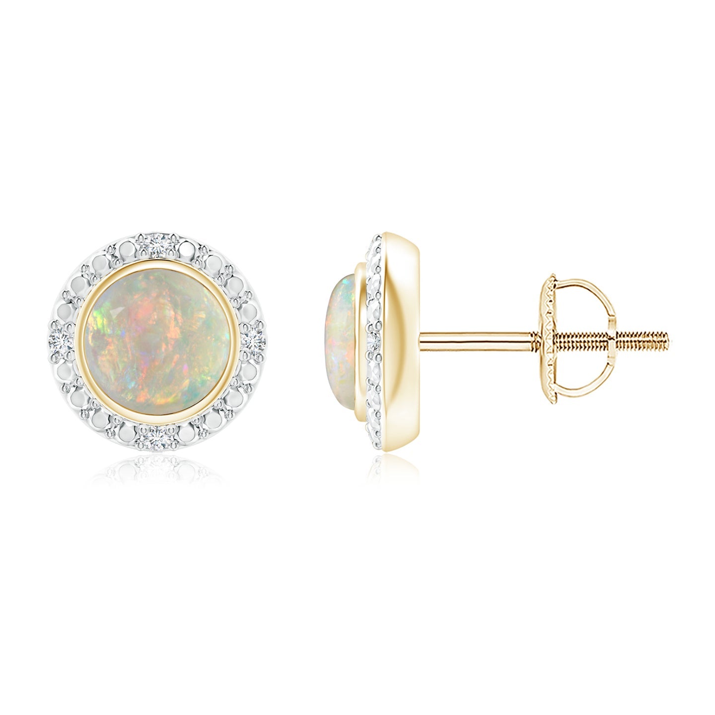 Bezel-Set Round Opal Earrings With Beaded Halo