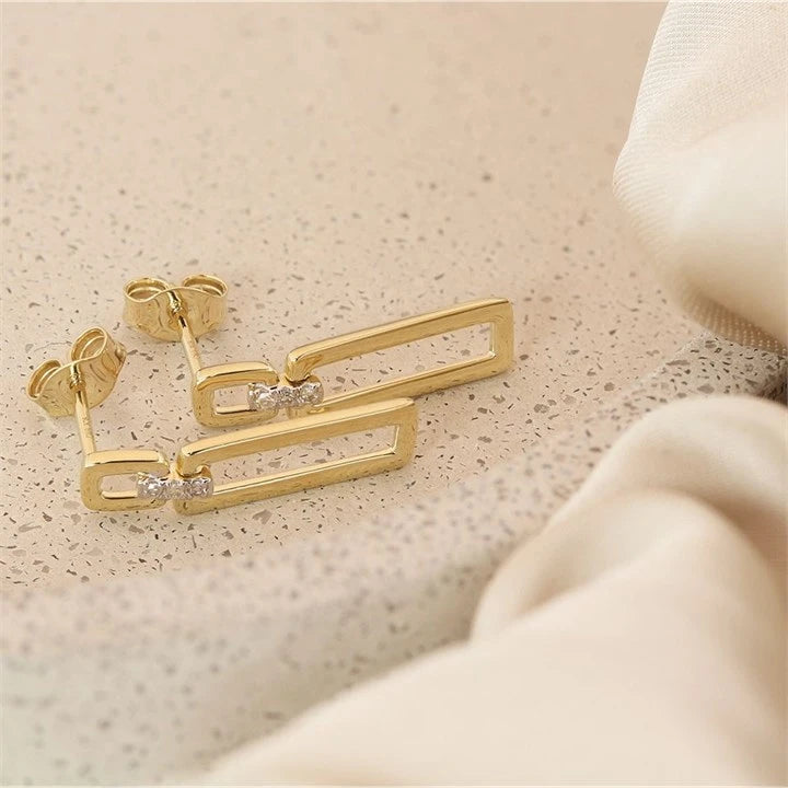 9ct Double Open Rectangular Diamond Drop Earrings