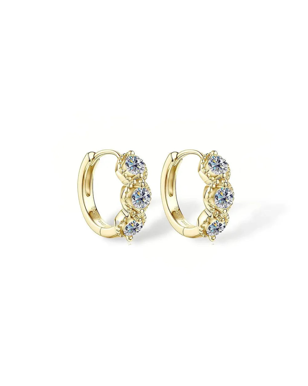 18K Natural Diamond Three Stone Hoop Earrings